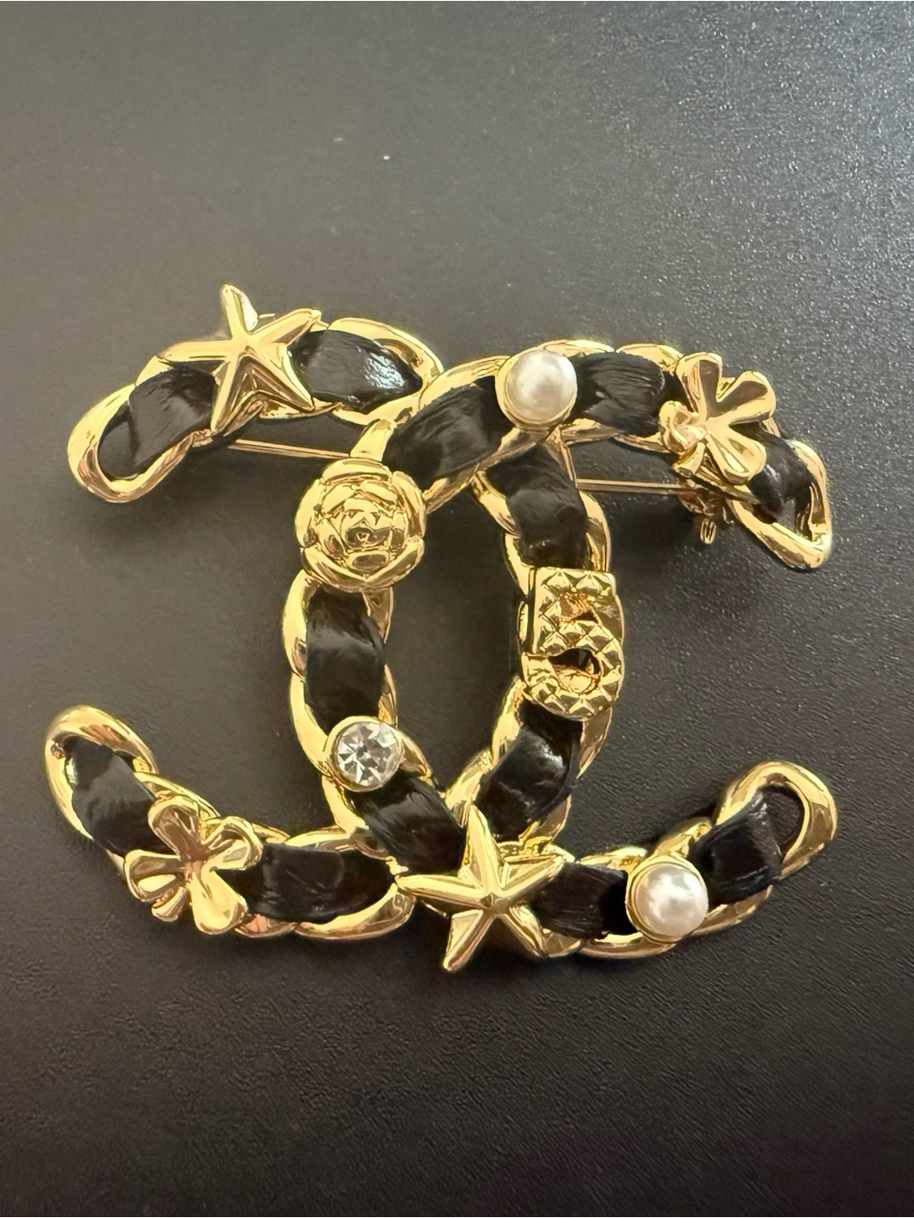 Gold-Tone CC Brooch with Black Braided Detail, Pearls & Crystals